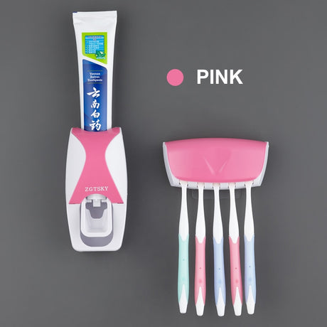 Automatic Toothpaste Dispenser Set product packaging with features and installation guide.