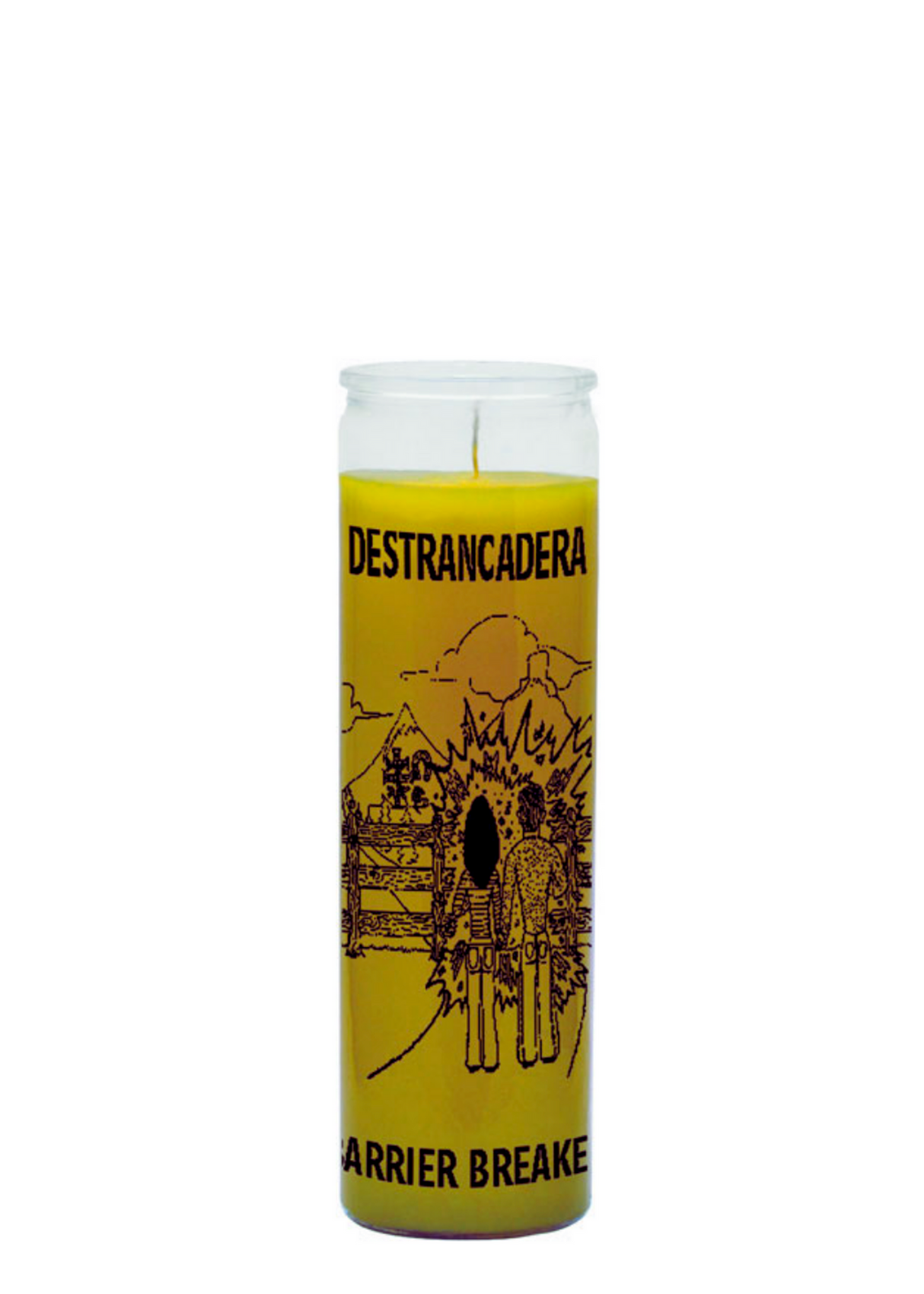 Barrier Breaker yellow 7 day candle in glass jar for obstacle removal, road opening, and spiritual work.