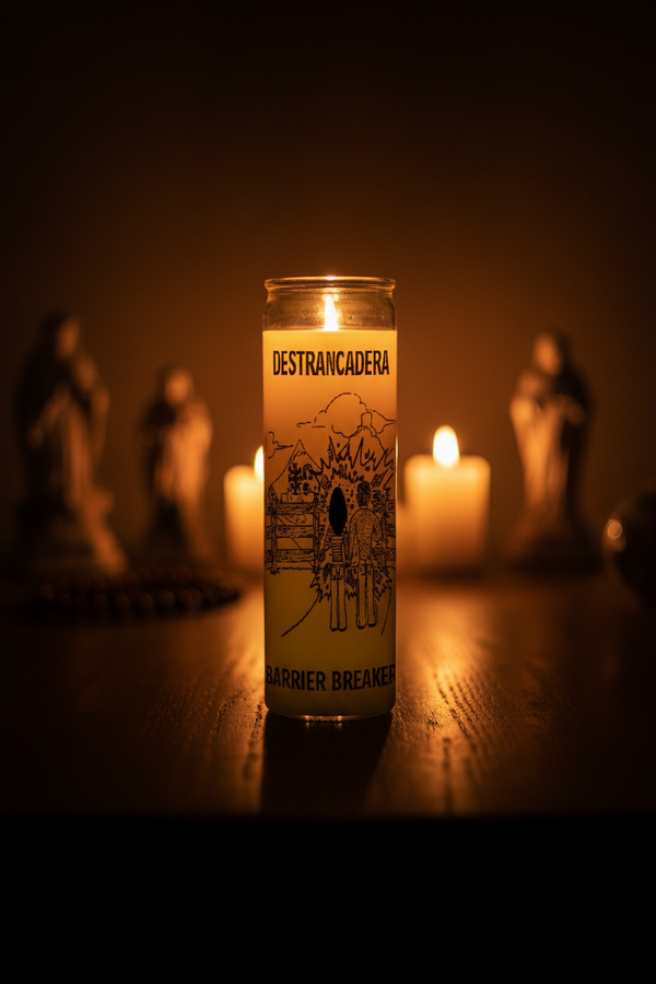 Barrier Breaker yellow 7 day candle in glass jar for obstacle removal, road opening, and spiritual work.