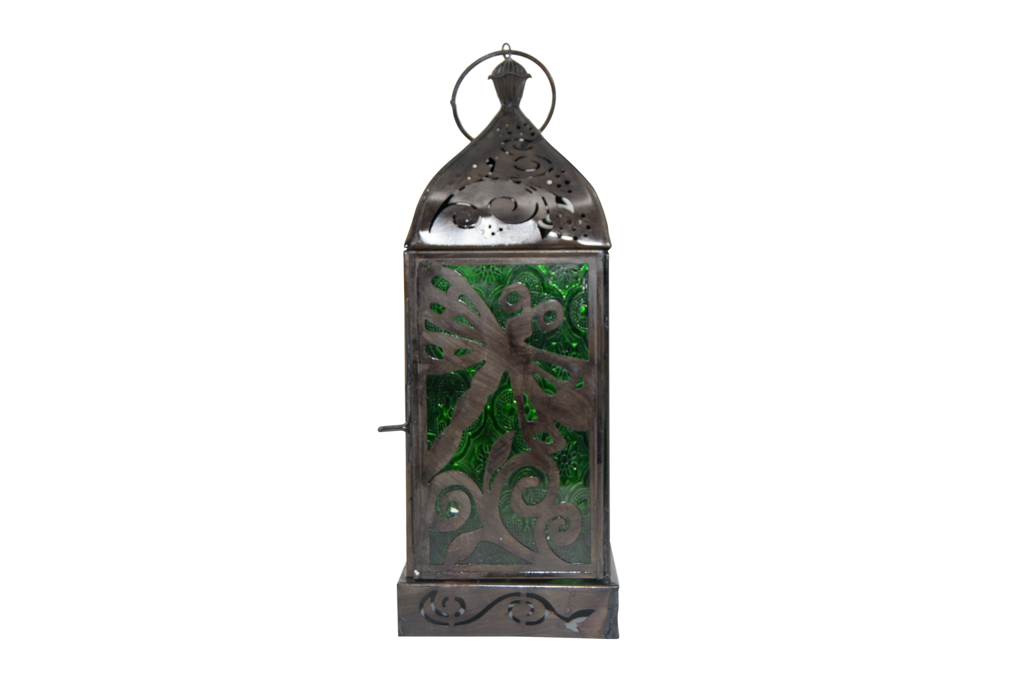 Candle Lantern - Dragonfly, Black Antique with Green Windows 4" x 11"