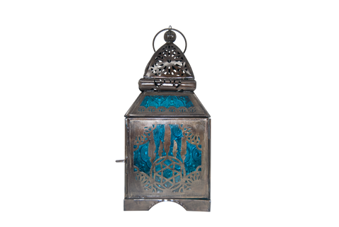 Candle Lantern - Dream Catcher, Black Antique with Blue Windows 4.5" x 11"