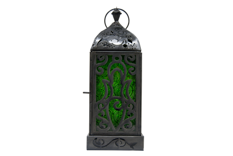 Candle Lantern - Goddess, Black Antique with Green Windows 4" x 12"