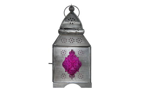 Candle Lantern - Temple, Black Antique with Purple Windows 4.5" x 11"