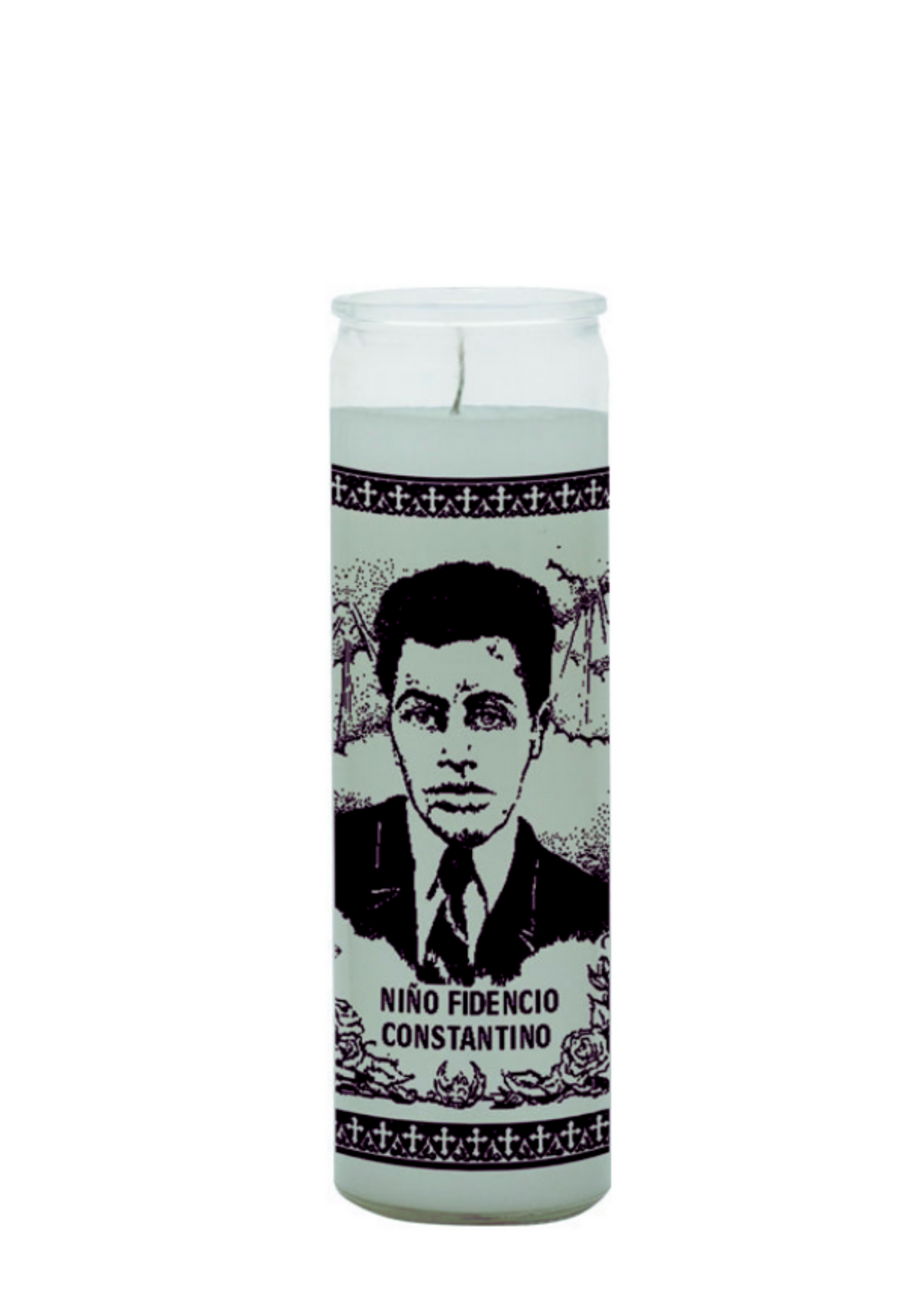 Child Fidencio white 7 day candle in glass jar for prayer, spiritual devotion, and altar use.