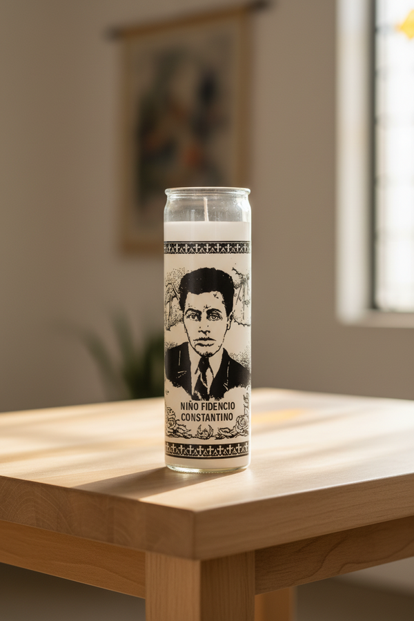 Child Fidencio white 7 day candle in glass jar for prayer, spiritual devotion, and altar use.