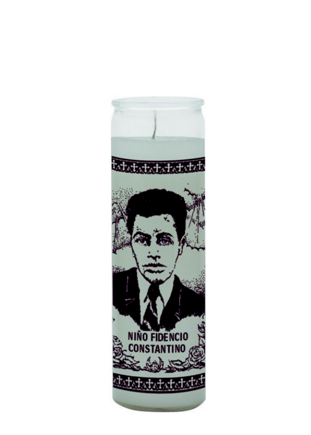 Child Fidencio white 7 day candle in glass jar for prayer, spiritual devotion, and altar use.