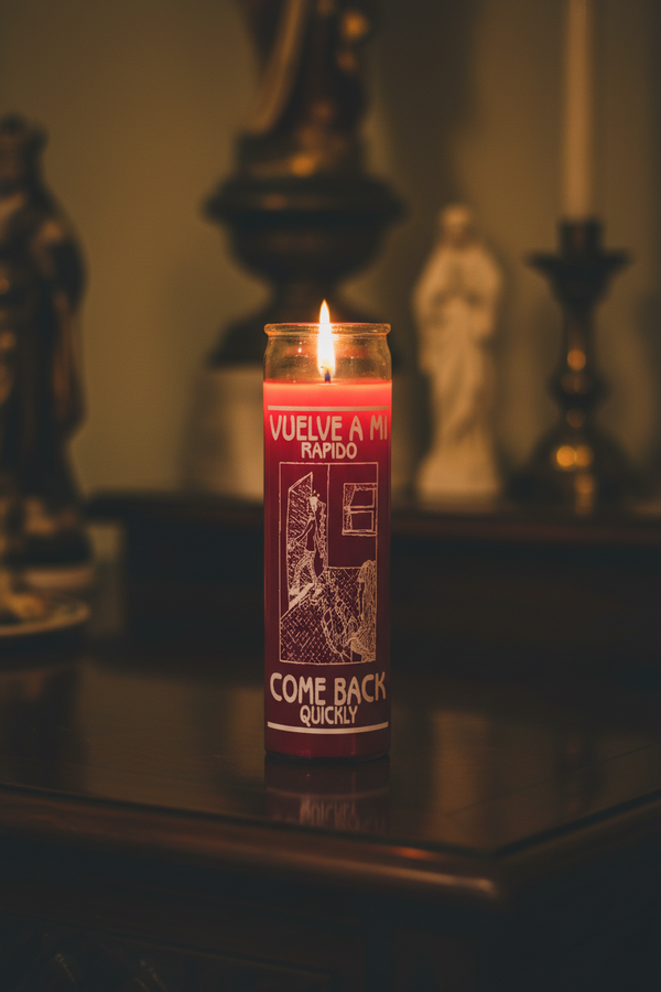 Come Back Quickly red 7 day candle for love return rituals, reconciliation prayer, and spiritual intention work.