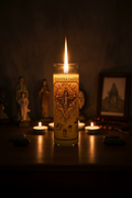 Contra Danos Against Harm yellow 7 day candle in glass jar for protection prayers, spiritual defense, and ritual use.