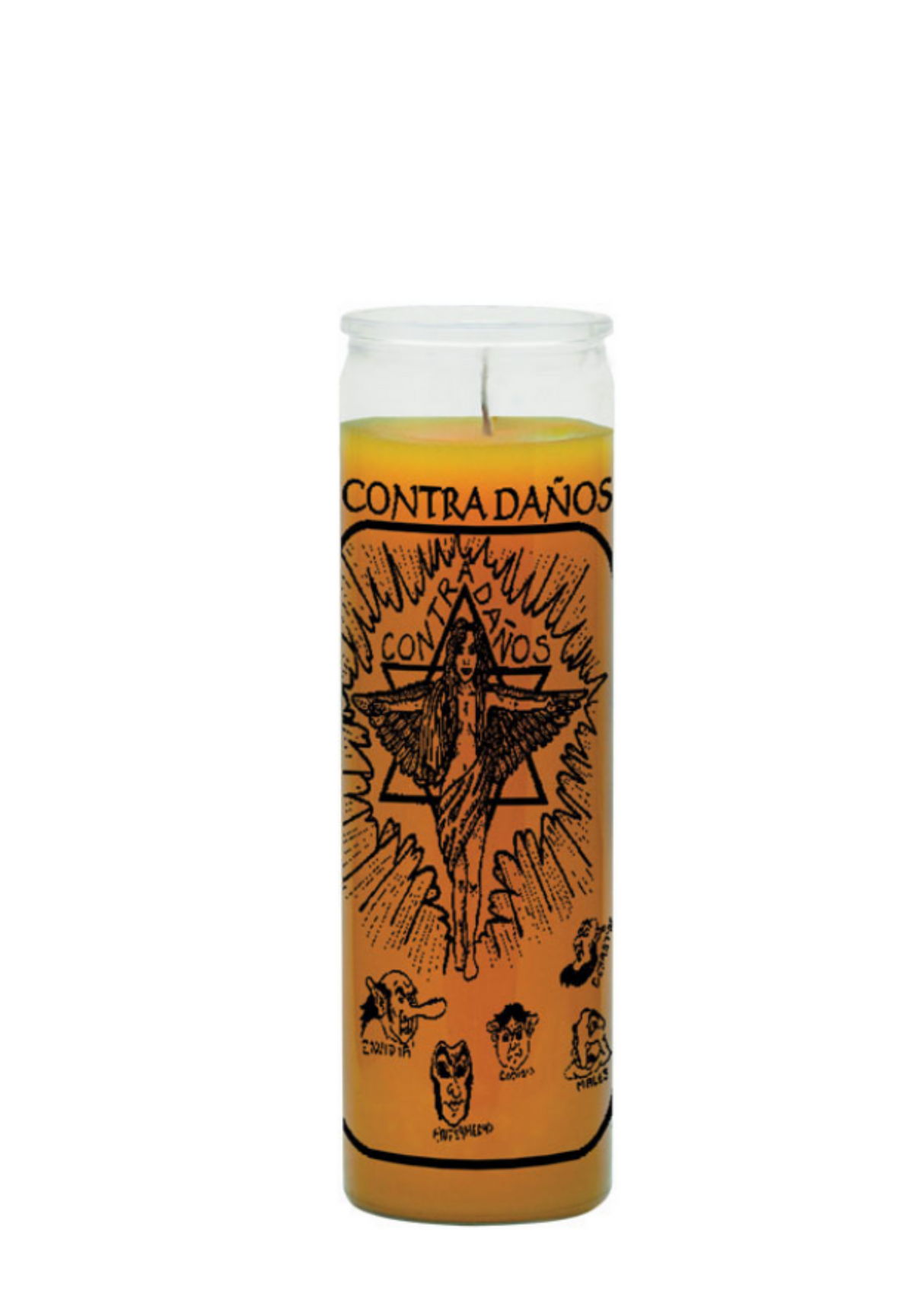 Contra Danos Against Harm yellow 7 day candle in glass jar for protection prayers, spiritual defense, and ritual use.