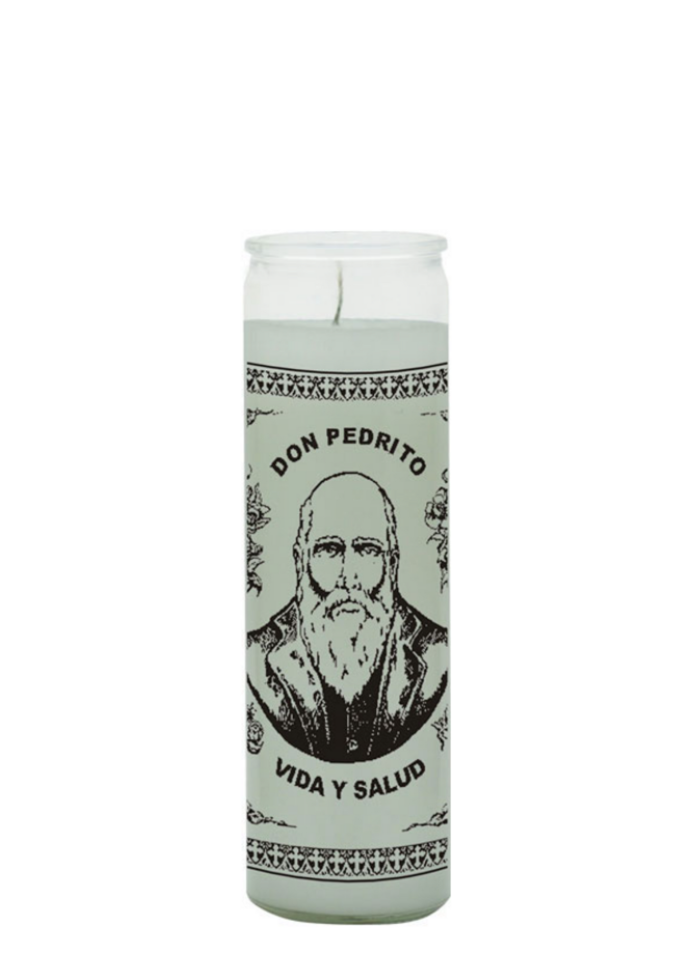Don Pedrito white 1 color 7 day candle glass candle for prayer, devotional use, and spiritual ritual work.