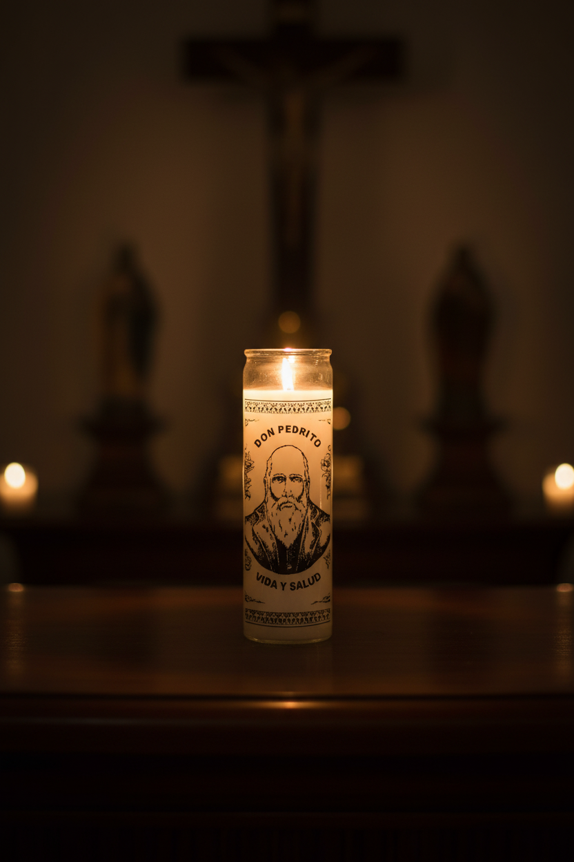 Don Pedrito white 1 color 7 day candle glass candle for prayer, devotional use, and spiritual ritual work.