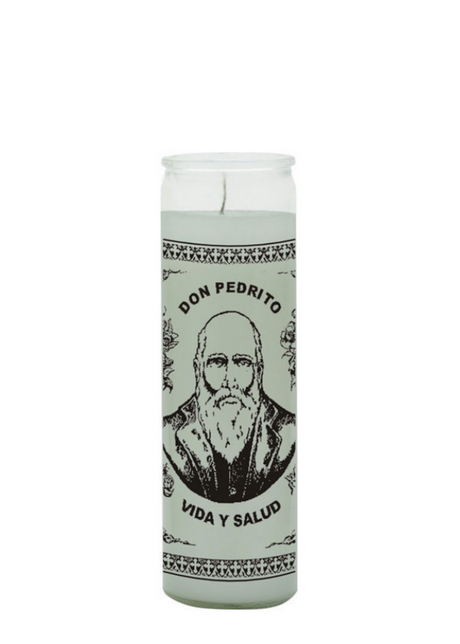 Don Pedrito white 1 color 7 day candle glass candle for prayer, devotional use, and spiritual ritual work.