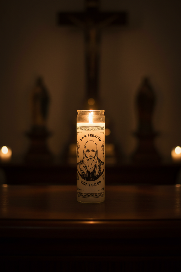 Don Pedrito white 1 color 7 day candle glass candle for prayer, devotional use, and spiritual ritual work.