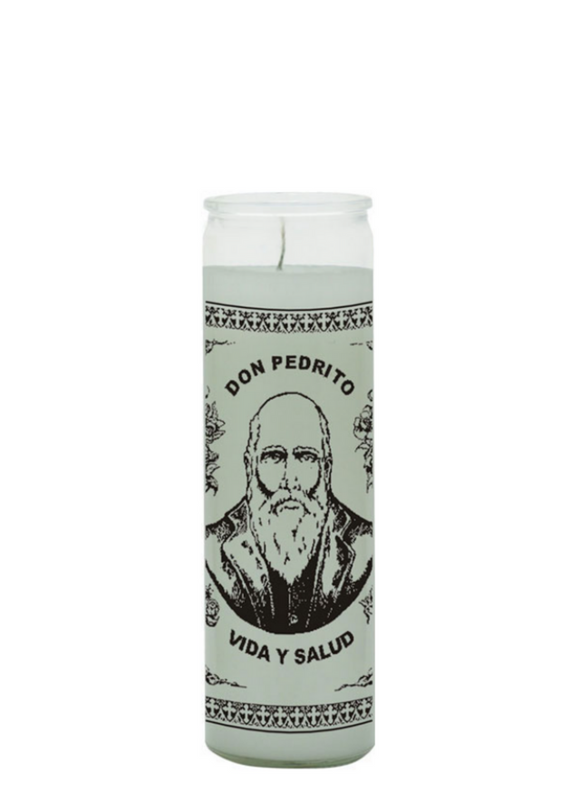 Don Pedrito white 1 color 7 day candle glass candle for prayer, devotional use, and spiritual ritual work.