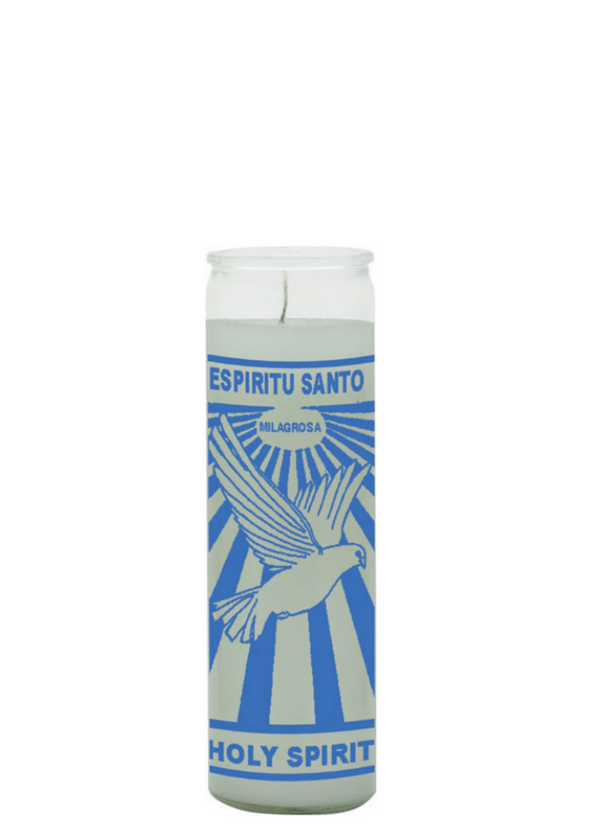 Espíritu Santo White 7-Day Candle glass prayer candle for faith, spiritual devotion, and sacred light use.
