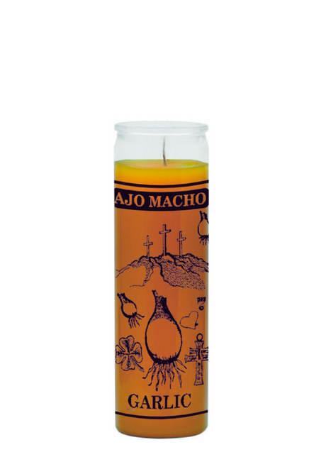 Garlic Ajo Macho gold 7 day candle in glass jar for spiritual protection, cleansing, and ritual use.