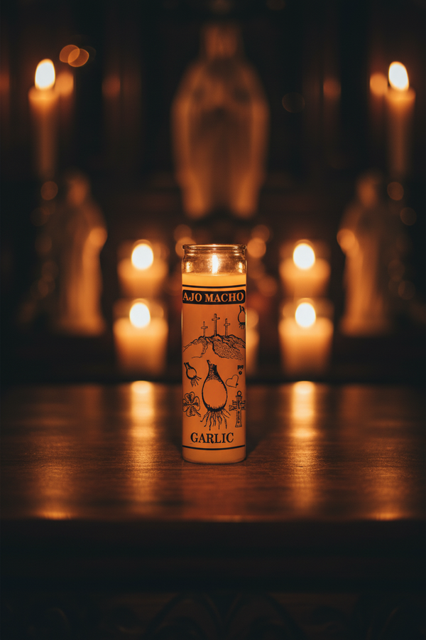 Garlic Ajo Macho gold 7 day candle in glass jar for spiritual protection, cleansing, and ritual use.