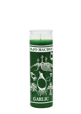 Garlic Ajo Macho green 7 day candle in glass jar for spiritual protection, cleansing, and ritual use.