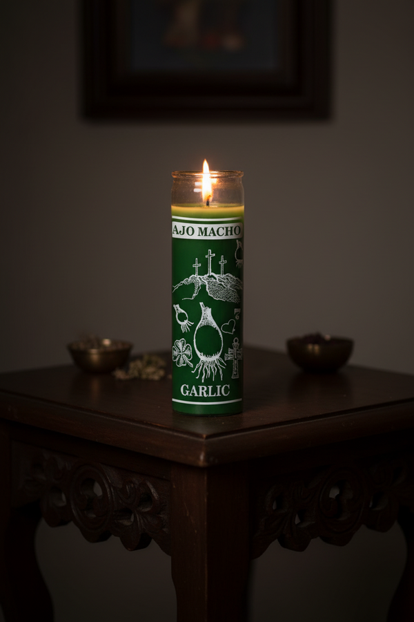 Garlic Ajo Macho green 7 day candle in glass jar for spiritual protection, cleansing, and ritual use.
