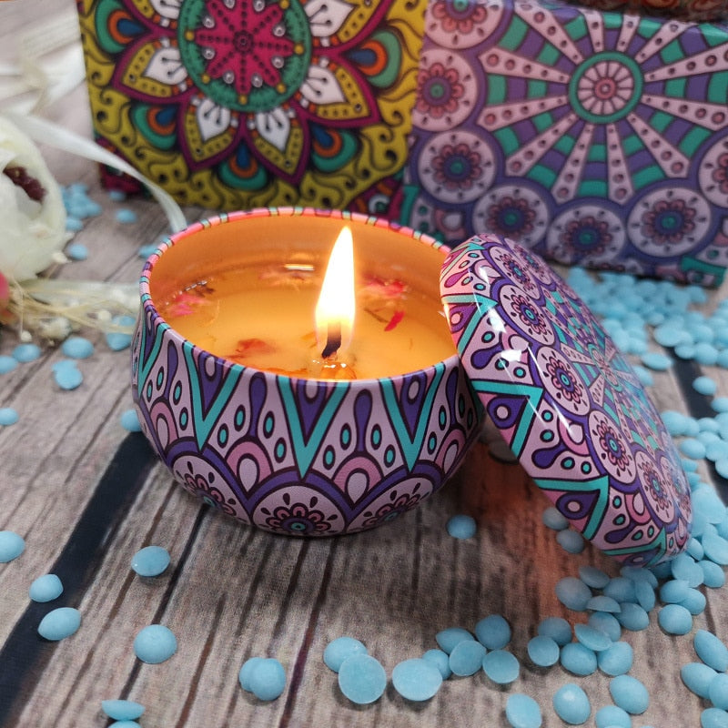 Handmade scented candle in a decorative jar for gifting, home décor, and calming fragrance use.
