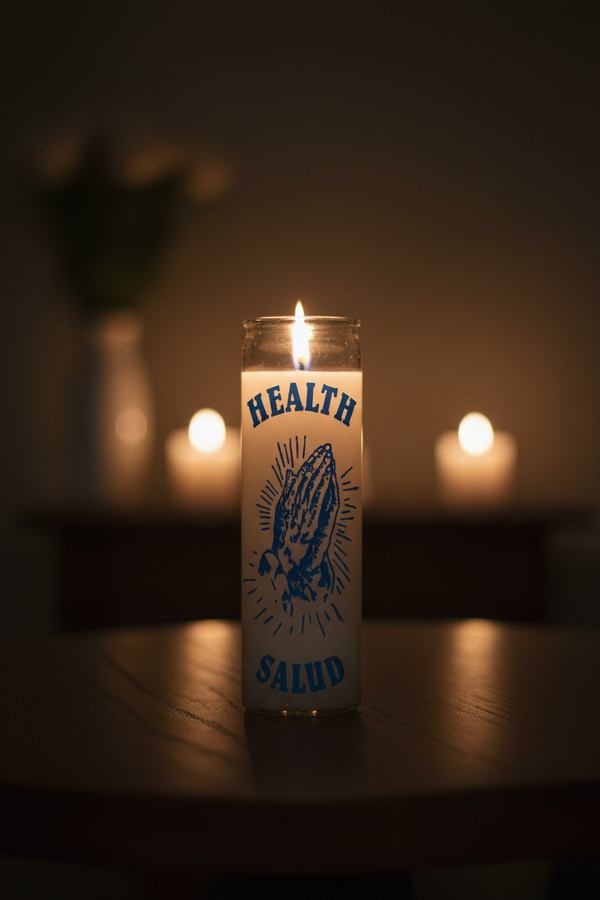 Health / Salud white 7 day candle in glass jar for healing prayer, wellness rituals, and spiritual use.