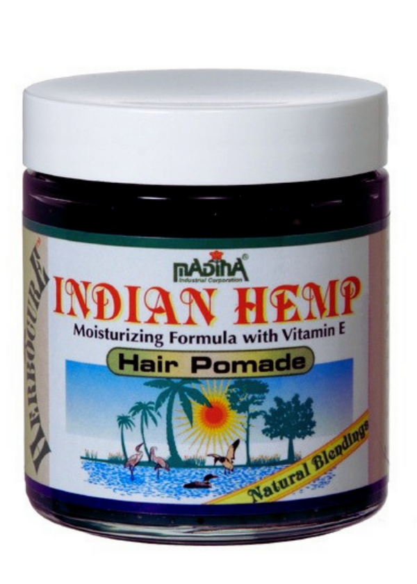 Indian Hemp Hair Pomade-Green jar with herbal botanical formula for moisturizing dry hair and preventing breakage.