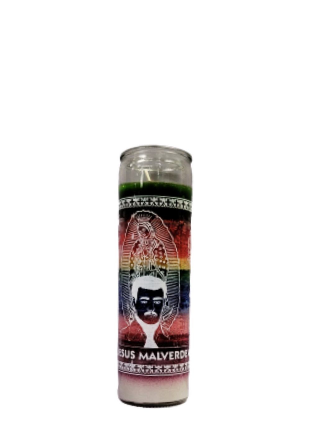 Jesus Malverde 7 Color candle for prayer, spiritual protection, and devotional altar use.