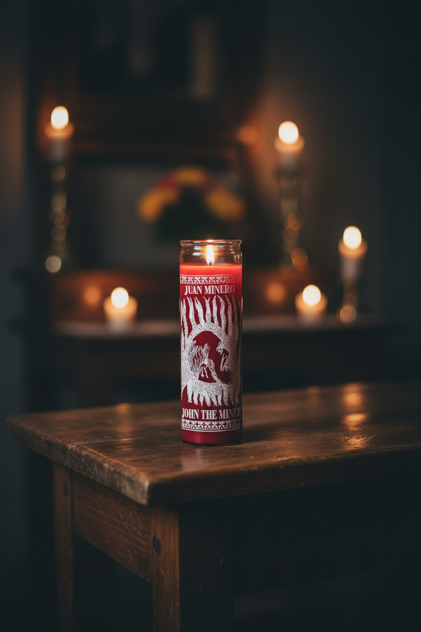 John the Miner red 1 color 7 day candle in glass jar for spiritual devotion, prayer, and ritual work.