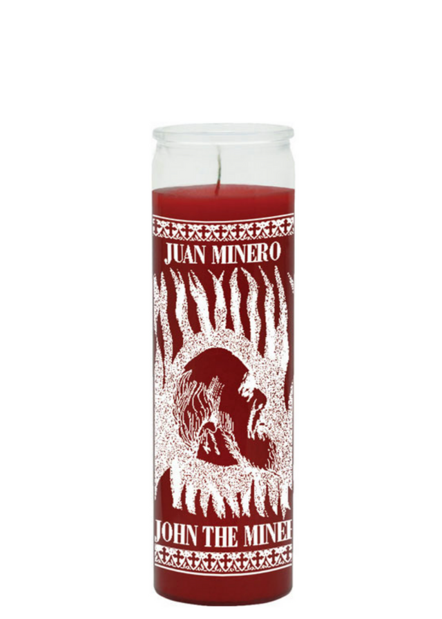 John the Miner red 1 color 7 day candle in glass jar for spiritual devotion, prayer, and ritual work.