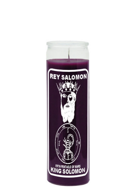 King Solomon purple 7 day candle in glass jar for prayer, wisdom work, and spiritual ritual use.