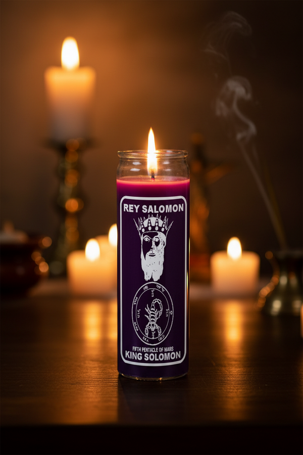 King Solomon purple 7 day candle in glass jar for prayer, wisdom work, and spiritual ritual use.
