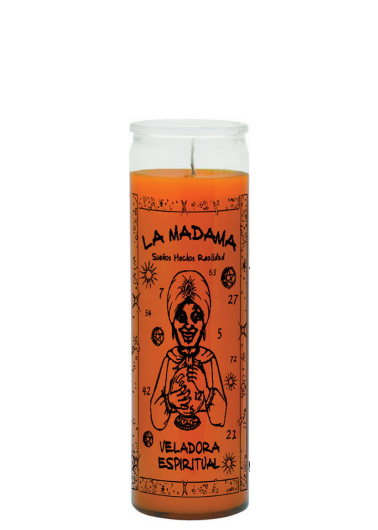 La Madama orange 7 day candle in glass jar for spiritual rituals, altar work, and devotional use.