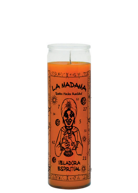 La Madama orange 7 day candle in glass jar for spiritual rituals, altar work, and devotional use.