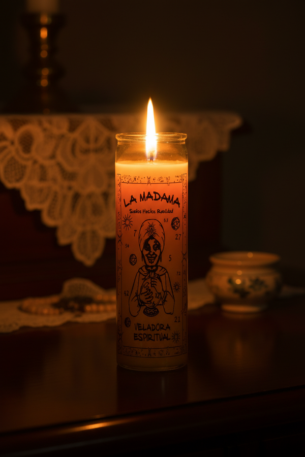 La Madama orange 7 day candle in glass jar for spiritual rituals, altar work, and devotional use.