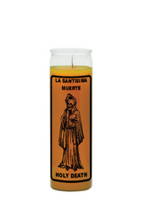 La Santisima Muerte gold 7 day candle for prayer, altar devotion, and spiritual ritual use.