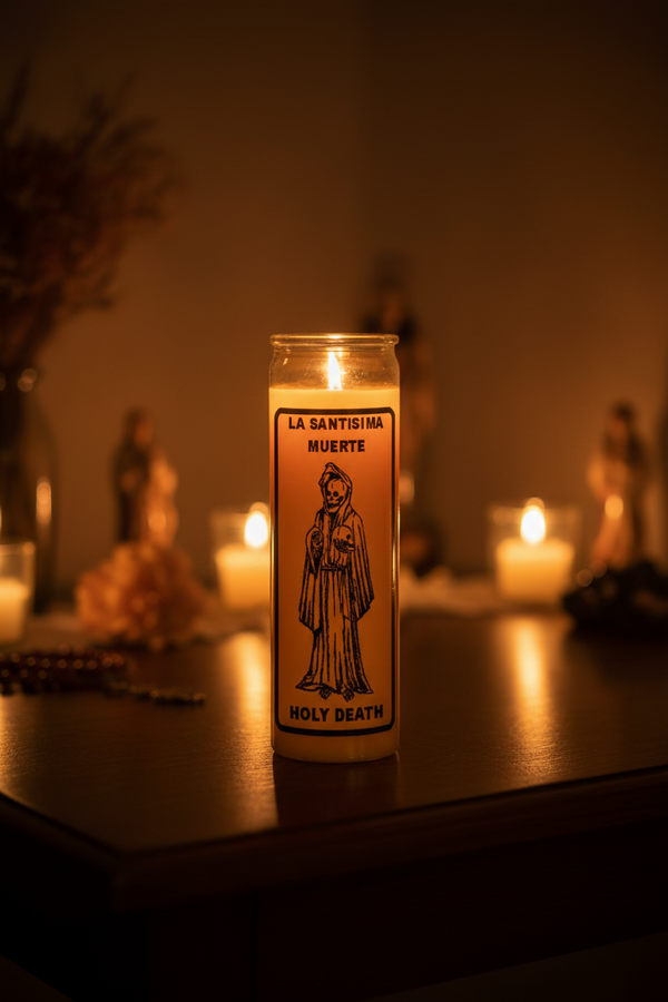 La Santisima Muerte gold 7 day candle for prayer, altar devotion, and spiritual ritual use.