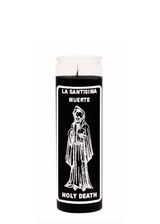 LA SANTISIMA MUERTE-HOLY DEATH Black 7 day candle in glass jar for prayer, protection, and spiritual ritual use.