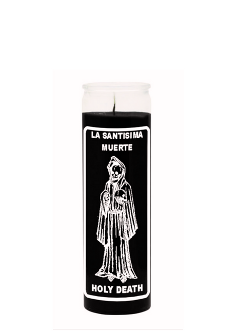 LA SANTISIMA MUERTE-HOLY DEATH Black 7 day candle in glass jar for prayer, protection, and spiritual ritual use.