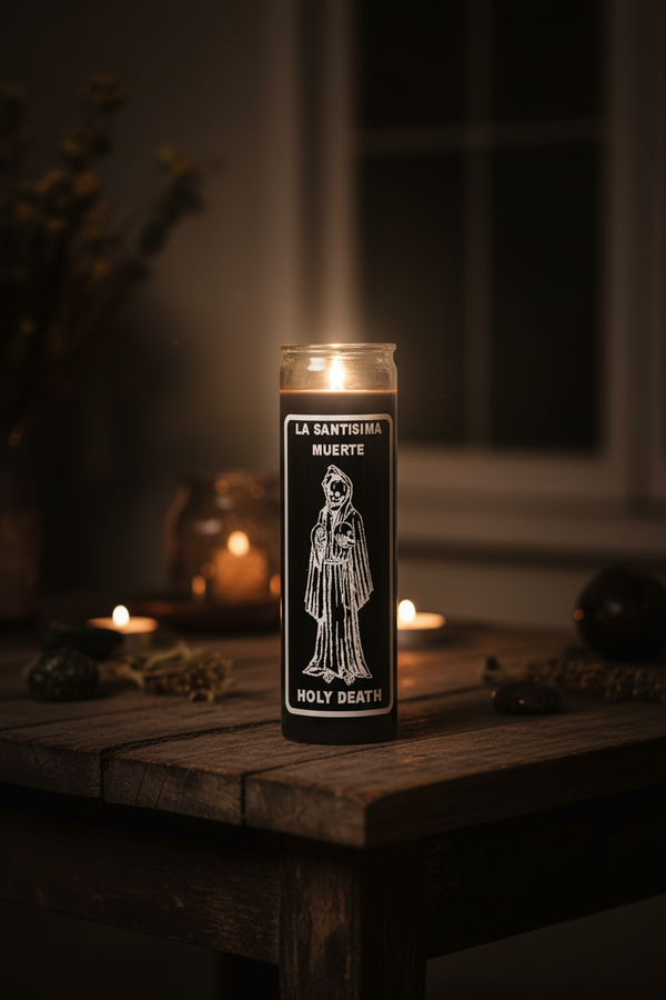 LA SANTISIMA MUERTE-HOLY DEATH Black 7 day candle in glass jar for prayer, protection, and spiritual ritual use.