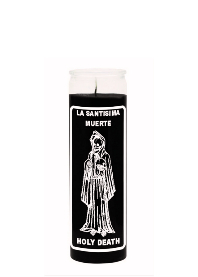 LA SANTISIMA MUERTE-HOLY DEATH Black 7 day candle in glass jar for prayer, protection, and spiritual ritual use.