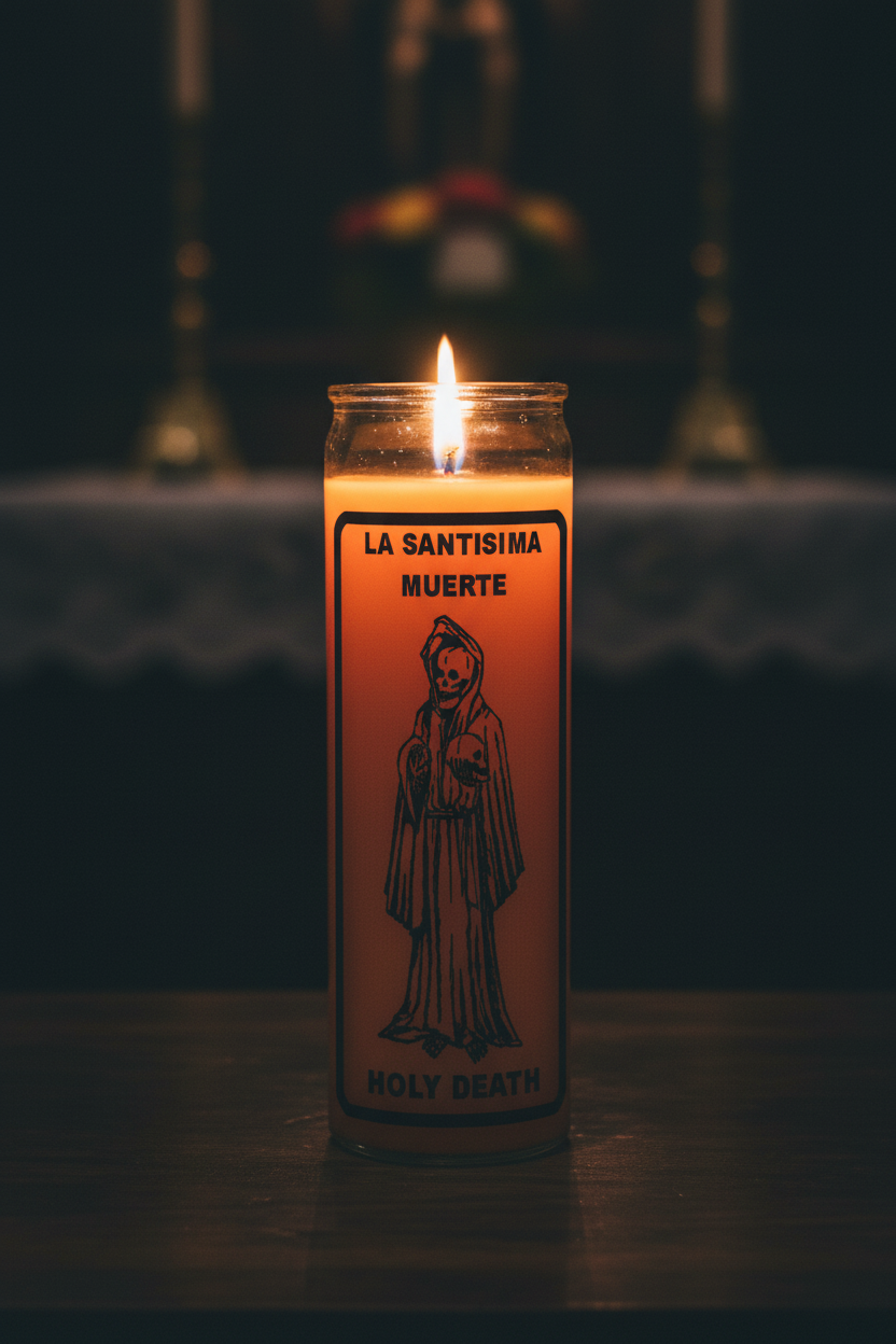 LA SANTISIMA MUERTE-HOLY DEATH orange 1 color 7 day candle for prayer, devotional rituals, and spiritual altar use.