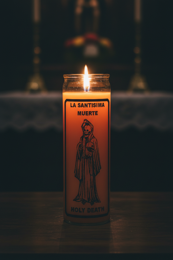 LA SANTISIMA MUERTE-HOLY DEATH orange 1 color 7 day candle for prayer, devotional rituals, and spiritual altar use.
