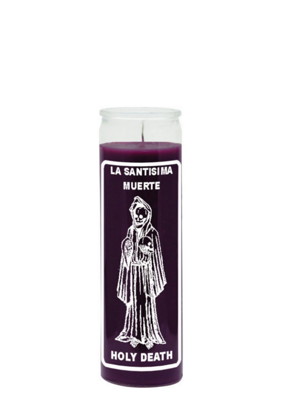 La Santisima Muerte Holy Death purple 7 day candle for prayer, spiritual devotion, and altar use.