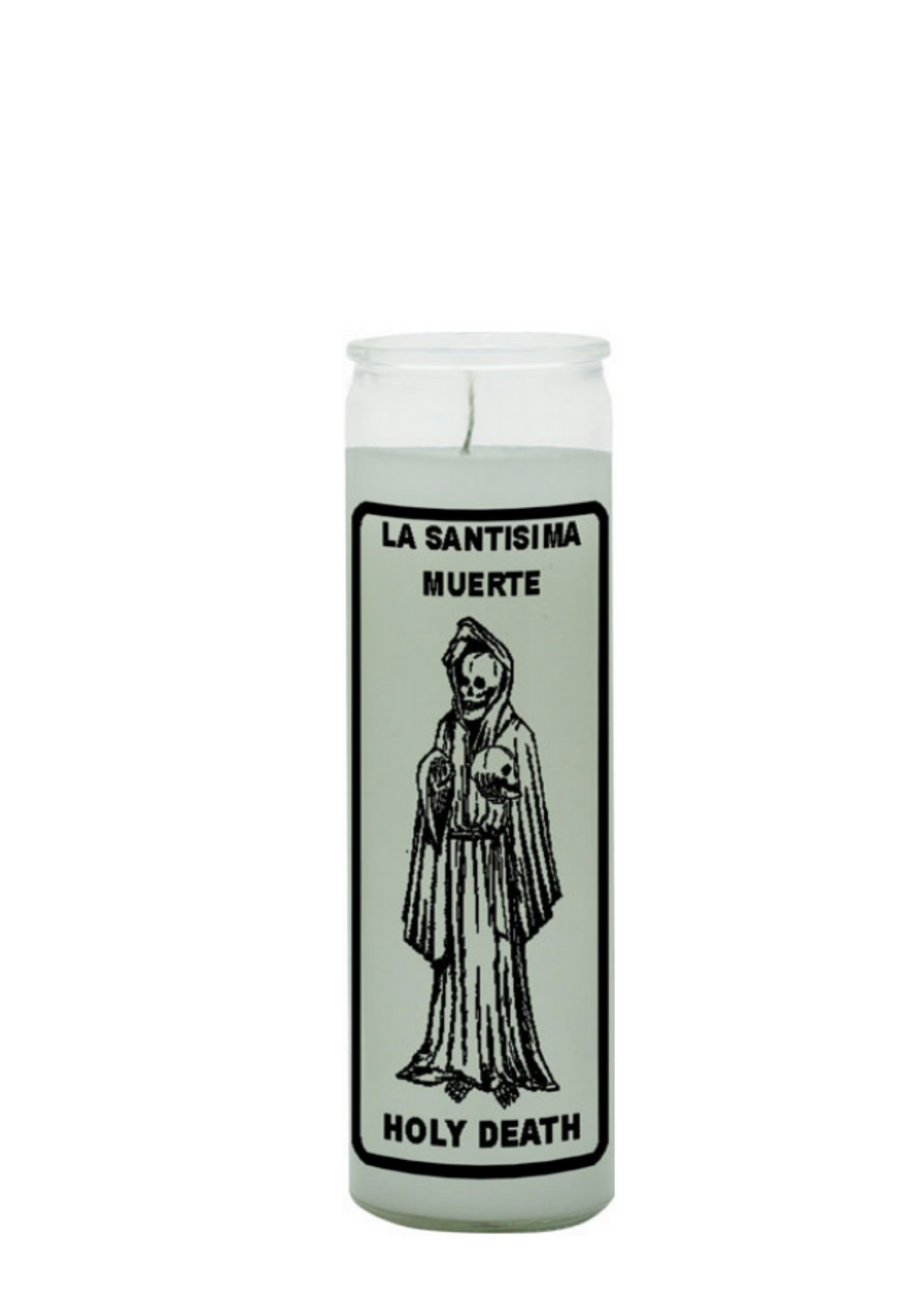 LA SANTISIMA MUERTE-HOLY DEATH white 7 day candle in glass for prayer, altar devotion, and spiritual ritual use.