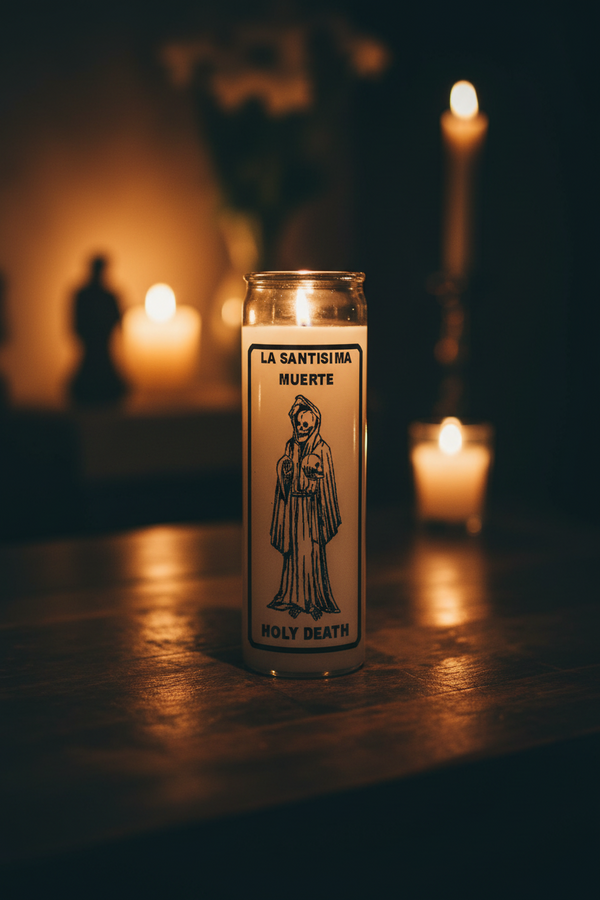 LA SANTISIMA MUERTE-HOLY DEATH white 7 day candle in glass for prayer, altar devotion, and spiritual ritual use.