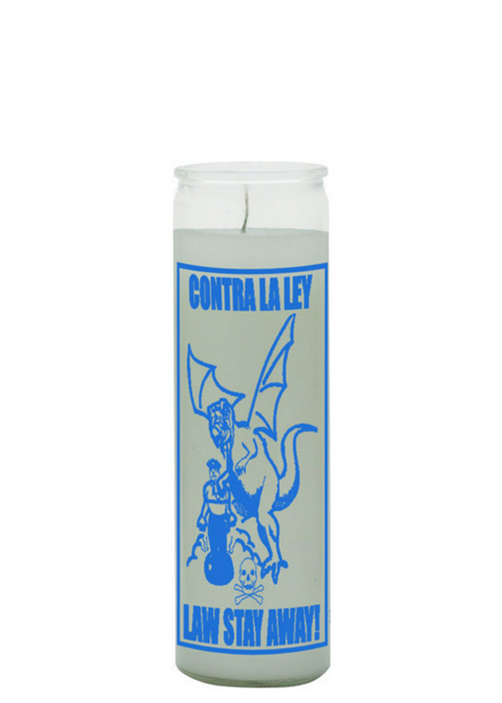 Law Stay Away white 7 day candle in glass jar for protection, banishing negativity, and spiritual ritual use.