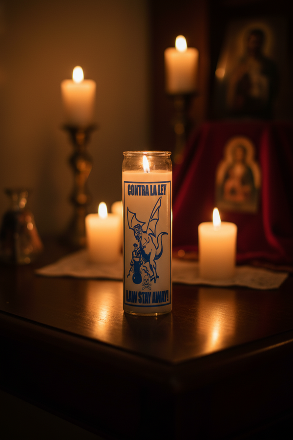 Law Stay Away white 7 day candle in glass jar for protection, banishing negativity, and spiritual ritual use.