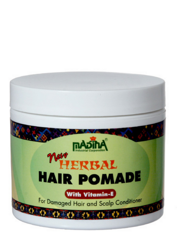 Madina Herbal Hair Pomade Cream 4 oz jar with herbal botanicals and vitamin E for dry and damaged hair.