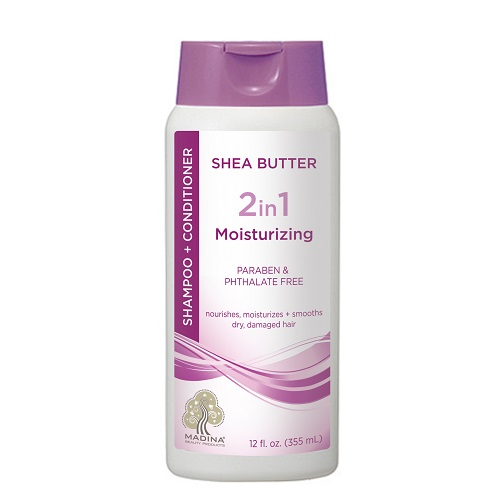 Madina Shea Butter 2 in 1 Moisturizing Shampoo and Conditioner for dry, damaged, and frizzy hair care.