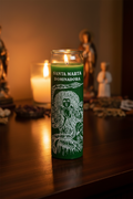 Martha Dominadora green 7 day candle in glass jar for domination rituals, spiritual work, and focused devotional use.